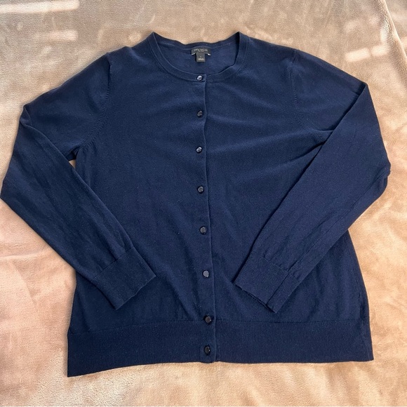 ANN TAYLOR Cotton Navy Blue Crewneck Button Up Lightweight Cardigan - Size L - Picture 5 of 12